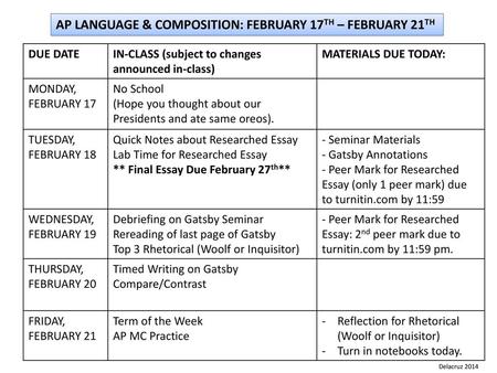 AP LANGUAGE & COMPOSITION: FEBRUARY 17TH – FEBRUARY 21TH