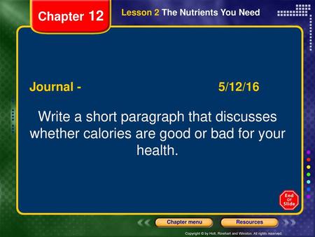 Chapter 12 Lesson 2 The Nutrients You Need Journal /12/16