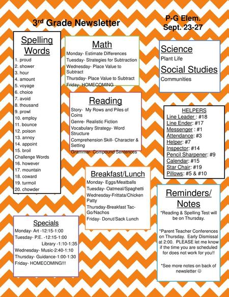 3rd Grade Newsletter Math Science Social Studies Spelling Words