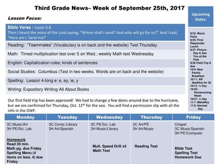 Third Grade News– Week of September 25th, 2017