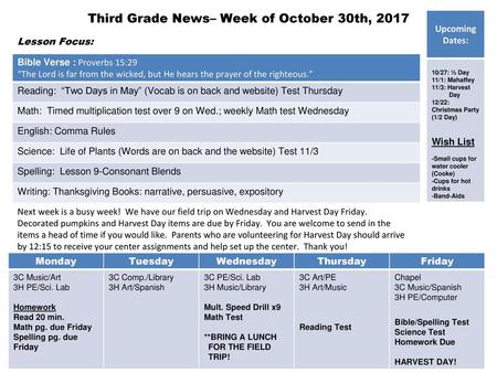 Third Grade News– Week of October 30th, 2017