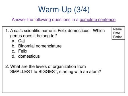 Warm-Up (3/4) Answer the following questions in a complete sentence.