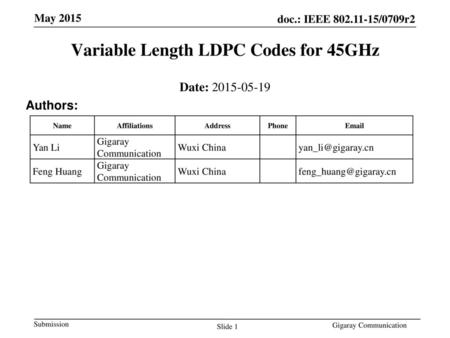 Variable Length LDPC Codes for 45GHz
