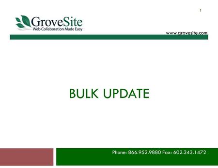 Bulk update www.grovesite.com 3104 E. Camelback Road #559, Phoenix, AZ 85016 Phone: 866.952.9880 Fax: 602.343.1472.