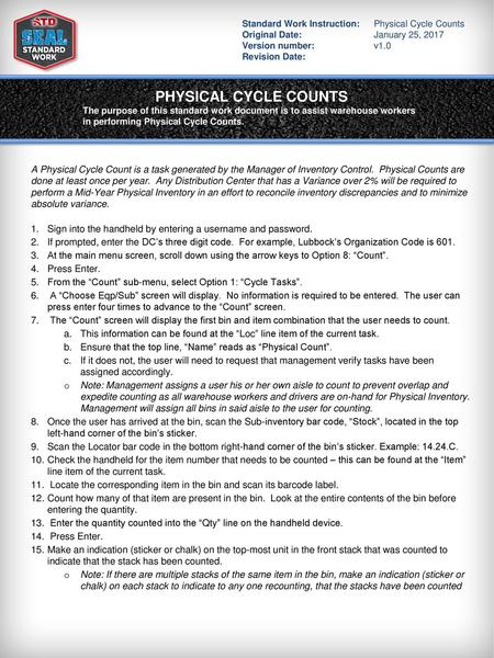 PHYSICAL CYCLE COUNTS Standard Work Instruction: Physical Cycle Counts