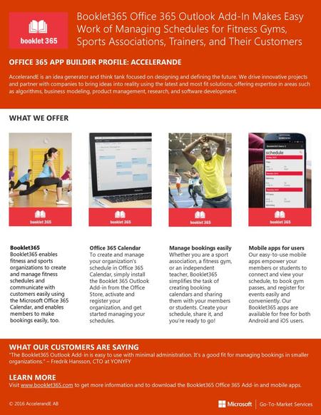 Booklet365 Office 365 Outlook Add-In Makes Easy Work of Managing Schedules for Fitness Gyms, Sports Associations, Trainers, and Their Customers Partner.