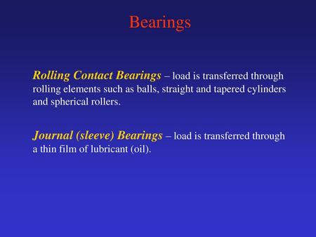 Bearings Rolling Contact Bearings – load is transferred through rolling elements such as balls, straight and tapered cylinders and spherical rollers. Journal.