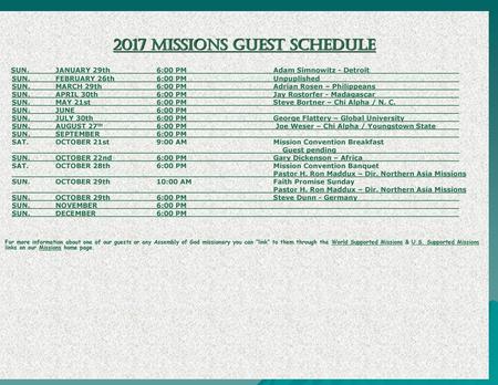 2017 MISSIONS GUEST SCHEDULE