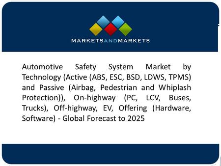 Automotive Safety System Market by Technology (Active (ABS, ESC, BSD, LDWS, TPMS) and Passive (Airbag, Pedestrian and Whiplash.