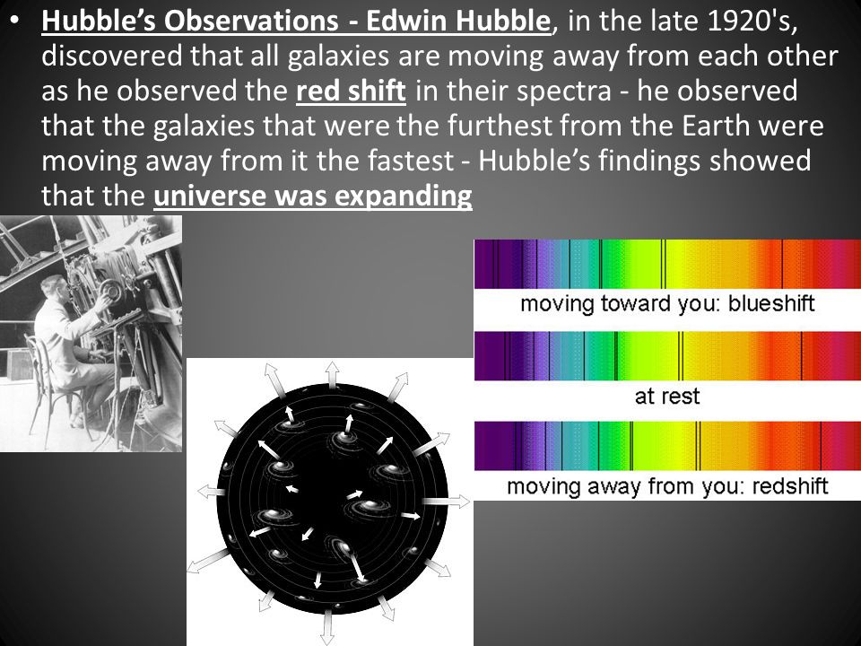 bang verden se tv Hubble's Observations - Edwin Hubble, in the late 1920's, discovered that  all galaxies are moving away from each other as he observed the red shift  in. - ppt download