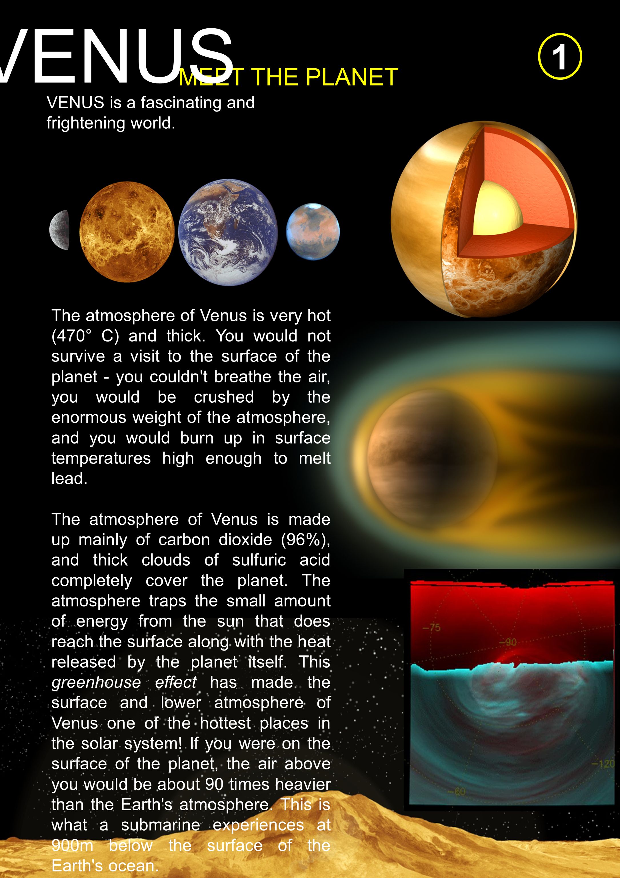 MEET THE PLANET VENUS VENUS is a fascinating and frightening world. The atmosphere of Venus is very hot (470° C) and thick. You would not survive a visit. - ppt download