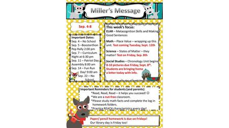 Miller’s Message Sep. 4-8 This week’s focus: