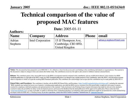 Technical comparison of the value of proposed MAC features