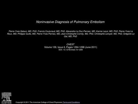 Noninvasive Diagnosis of Pulmonary Embolism