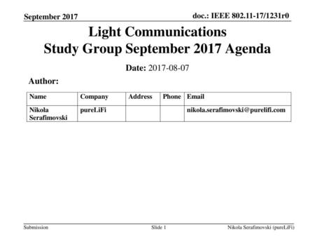 Light Communications Study Group September 2017 Agenda