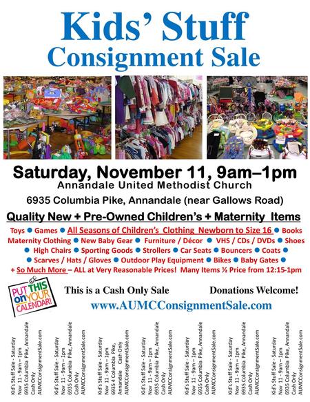 Kids’ Stuff Consignment Sale Saturday, November 11, 9am–1pm