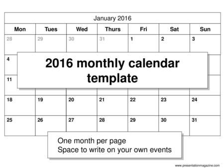 2016 monthly calendar template