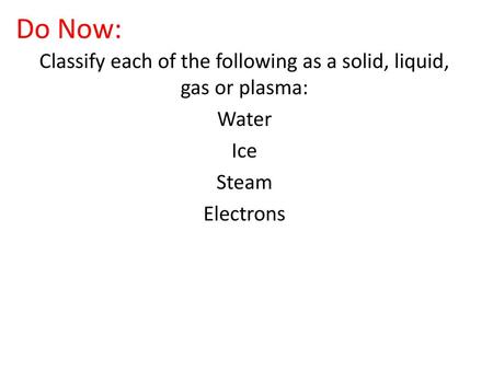Classify each of the following as a solid, liquid, gas or plasma: