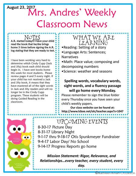 Mrs. Andres’ Weekly Classroom News August 23, 2017