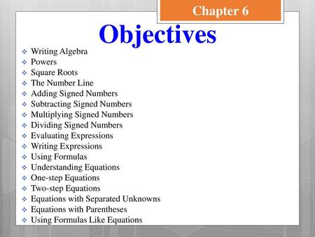 Objectives Chapter 6 Writing Algebra Powers Square Roots