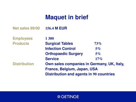 Maquet in brief Net sales 99/ M EUR Employees 1 300