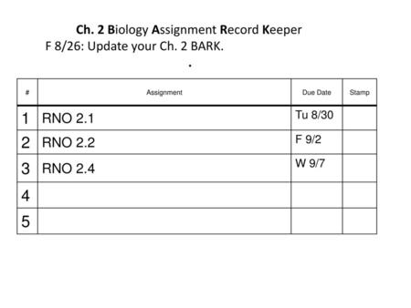 Ch. 2 Biology Assignment Record Keeper		F 8/26: Update your Ch. 2 BARK.