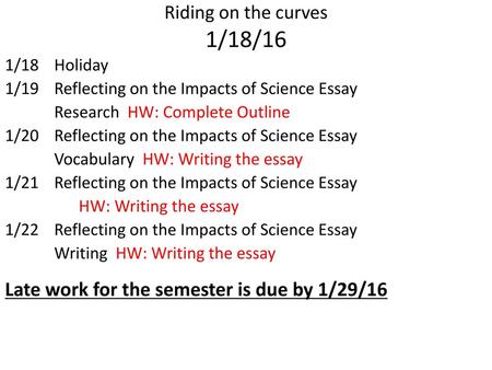 Late work for the semester is due by 1/29/16