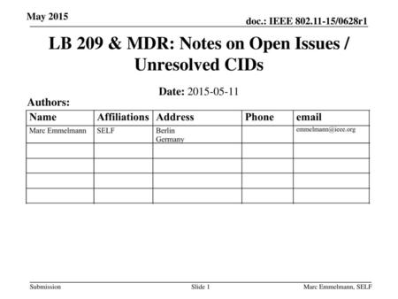 LB 209 & MDR: Notes on Open Issues / Unresolved CIDs