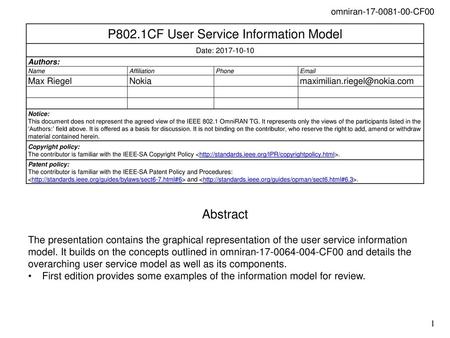P802.1CF User Service Information Model