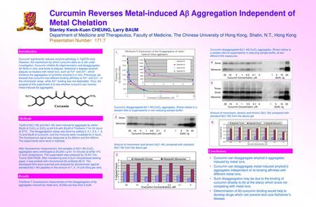Curcumin Reverses Metal-induced Ab Aggregation Independent of Metal Chelation Stanley Kwok-Kuen CHEUNG, Larry BAUM Department of Medicine and Therapeutics,