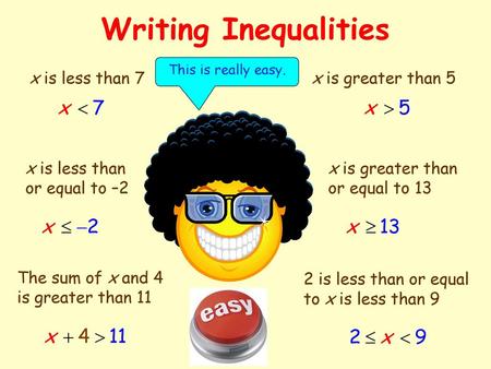 Writing Inequalities x is less than 7 x is greater than 5