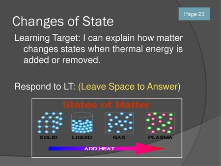 Changes of State Page 23 Learning Target: I can explain how matter changes states when thermal energy is added or removed. Respond to LT: (Leave Space.