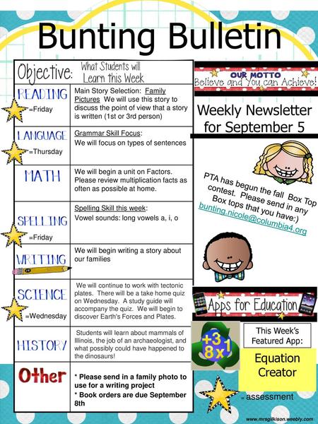 Bunting Bulletin Weekly Newsletter for September 5 Equation Creator