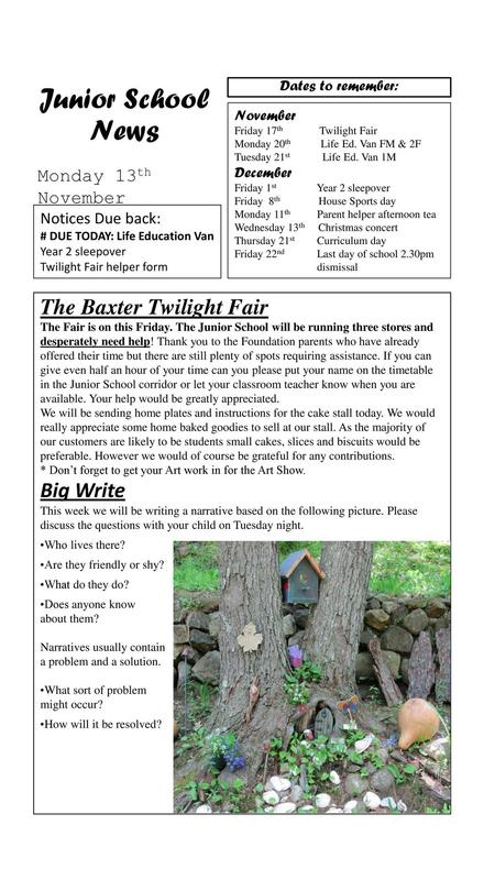 Junior School News The Baxter Twilight Fair Big Write