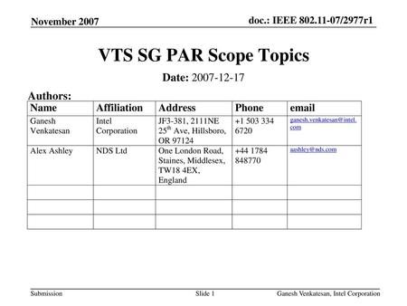 VTS SG PAR Scope Topics Date: Authors: November 2007