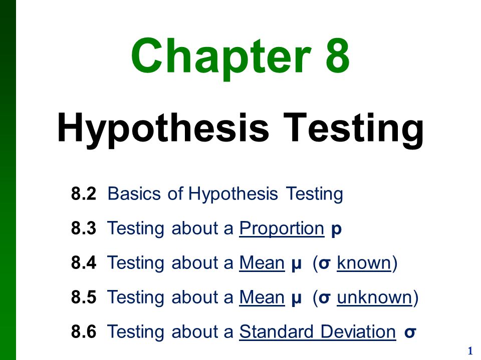 1 Chapter 8 Hypothesis Testing 8 2 Basics Of Hypothesis Testing 8 3 Testing About A Proportion P 8 4 Testing About A Mean µ S Known 8 5 Testing About Ppt Download