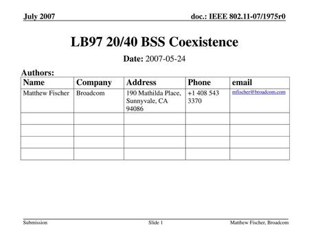 LB97 20/40 BSS Coexistence Date: Authors: July 2007