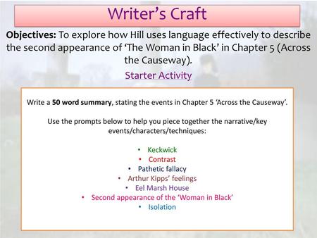 Writer’s Craft Objectives: To explore how Hill uses language effectively to describe the second appearance of ‘The Woman in Black’ in Chapter 5 (Across.