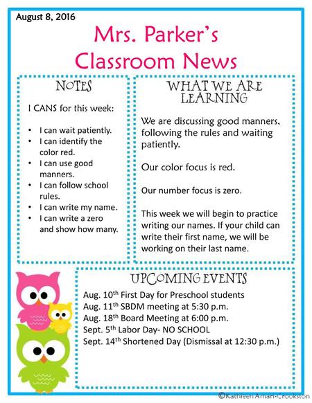 Mrs. Parker’s Classroom News