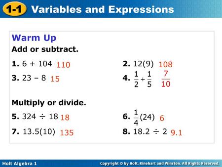 Warm Up Add or subtract (9) – 8 4.
