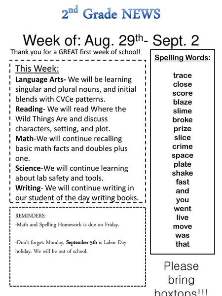 2nd Grade NEWS Week of: Aug. 29th- Sept. 2 Please bring boxtops!!! 