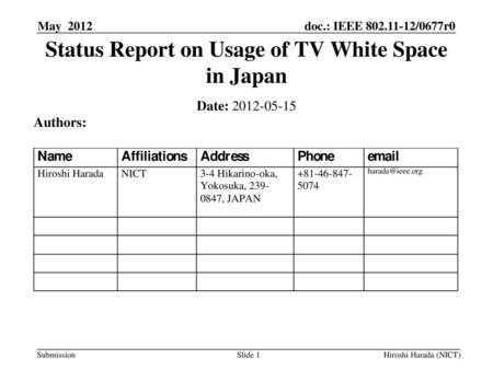 Status Report on Usage of TV White Space in Japan