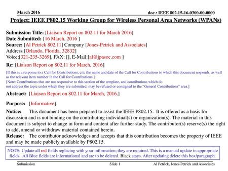 March 2016 doc.: IEEE 802.15-16-0300-00-0000 March 2016 Project: IEEE P802.15 Working Group for Wireless Personal Area Networks (WPANs) Submission Title: