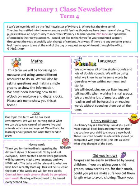Primary 1 Class Newsletter
