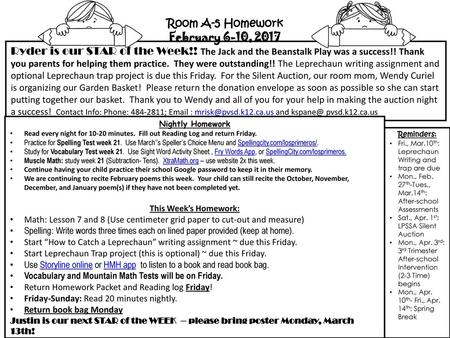 Room A-5 Homework February 6-10, 2017