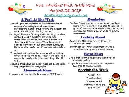 Mrs. Hawkins’ First Grade News August 28, 2017