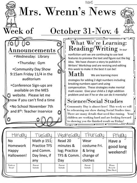 Mrs. Wrenn’s News Week of October 31-Nov. 4