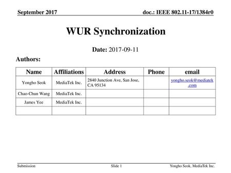 WUR Synchronization Date: Authors: September 2017