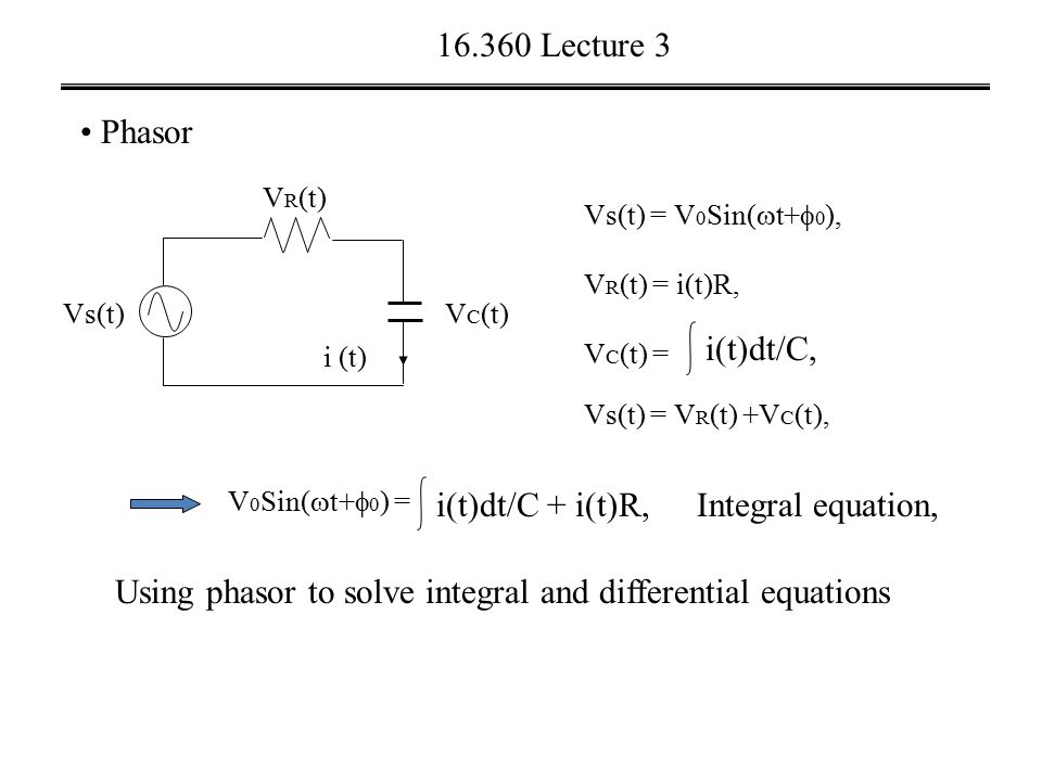 Lecture 3 Phasor V R T Vs T V C T I T Vs T V 0 Sin T 0 V R T I T R V C T I T Dt C Vs T