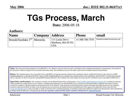TGs Process, March Date: Authors: May 2006 May 2006